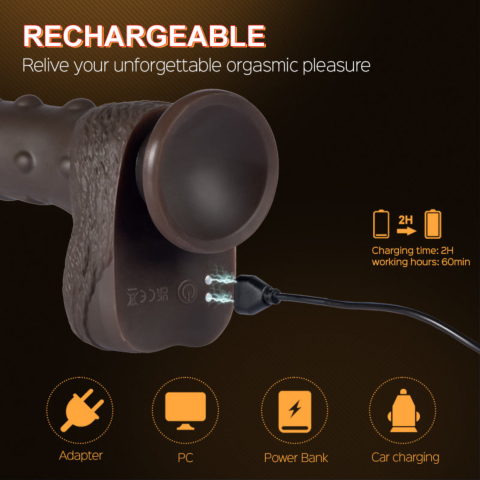 Alger - 8 Inch Black Suction Cup Thrusting Vibration Dildo with Bumps